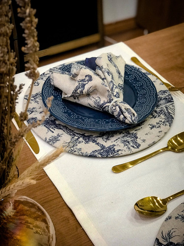 Kit Mesa Posta Jantar 8 Lugares Toile De Jouy Azul Em Linho