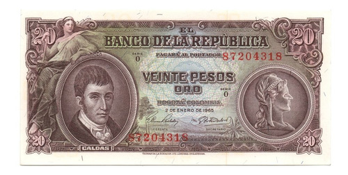 Colombia 20 Pesos 1965 Viñeta Del Sabio Caldas Nuevo