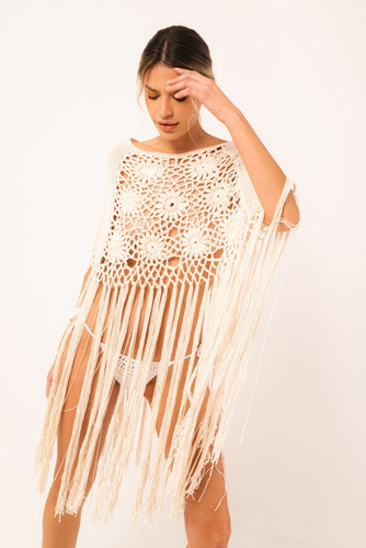 Imagen 3 de 4 de Poncho Crochet, Poncho Con Flecos, Poncho Fiesta, Poncho