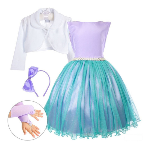 Vestido Ariel Infantil Pequena Sereia Tiara Luva Bolero Luxo