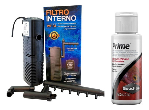 Kit Filtro Interno Wf-34 600l/h 7w 127v + Seachem Prime 50ml