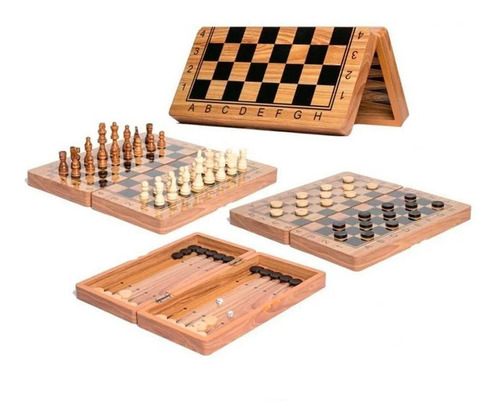 Ajedrez De Mesa Madera + Damas + Backgammon Juego 3 En 1 New