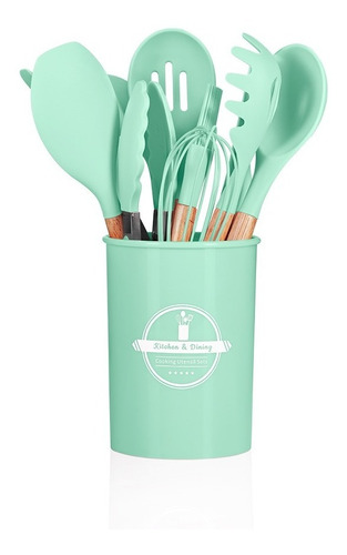 Jogo Utensílios De Cozinha 12 Peças Silicone Colher Concha Cor Verde