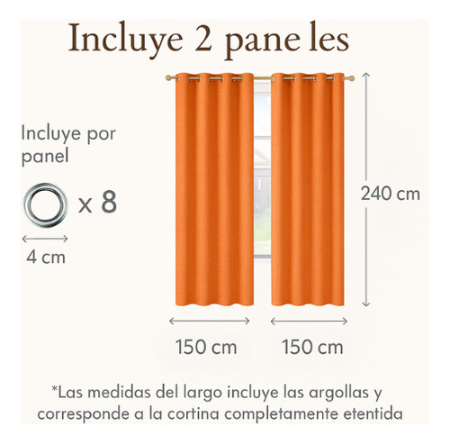Cortina Imperial Lino Blackout 2pzs 240cm Alto X 150cm Ancho Naranja