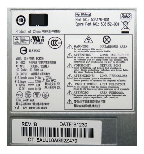 Imagen 6 de 8 de Fuente Poder Hp 611481-001 240w Para Hp Pro 6000 Elite 8000