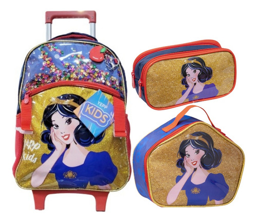 Kit Mochila Rodinha Lancheira Estojo Branca De Neve Mif5330 Cor Amarelo