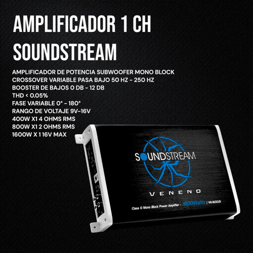 Amplificador 1ch Mono Block Clase D 1600w Soundstream Veneno