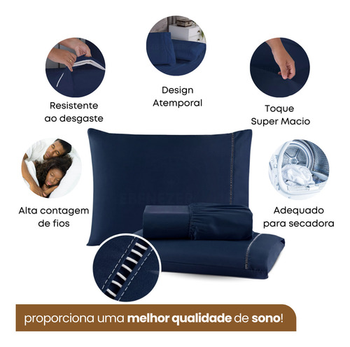 Kit Jogo Lençol King Elástico E Fronhas 3 Peças 400 Fios Macio Luxo Cor Azul Marinho Premium