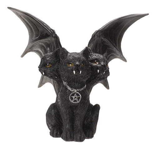 Dark Evil Bat Wings Estatua De Gato De Tres Cabezas