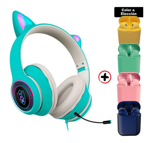 Auricular Gaming Cat Con Luz + Auri Inalambricos Bde