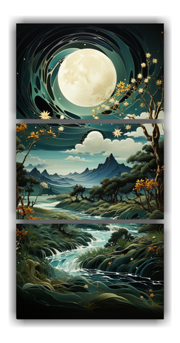 45x90cm Tríptico Movimiento Interiores Con Luna Y Montañas