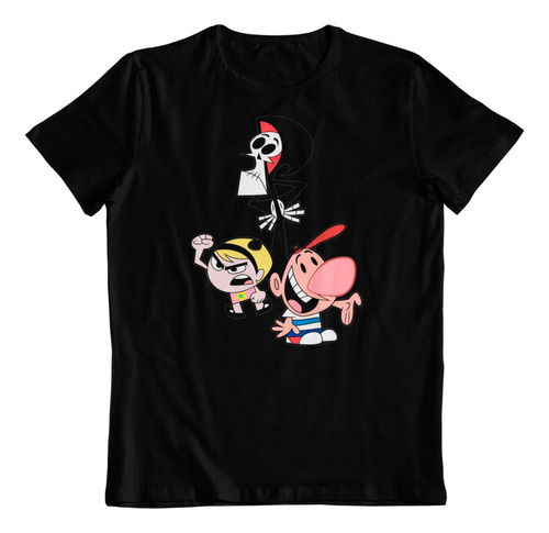 Polera Negra Dtf Algodon Aventuras Billy Y Mandy Puro Hueso 