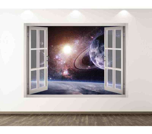 Vinilo Ventana 3d Espacio Planetas Tierra Decorativo