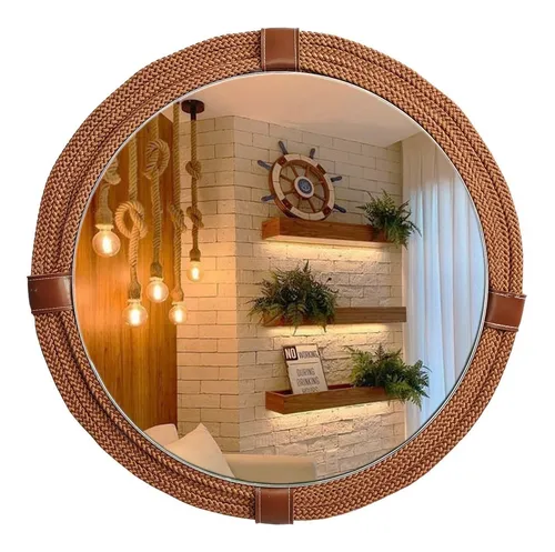 Espelho Redondo C/ Moldura Corda Náutica - Decoração Rustica Menor preço em Espelho Redondo C/ Moldura Corda Náutica - Decoração Rustica