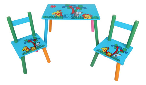 Juego Infantil De Mesa Y Sillas De Madera  De Color Celeste