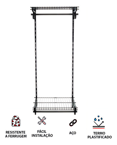 Armário Aramado Kit 6 - Cabideiro Para Closet Ou Quarto Cor Preto