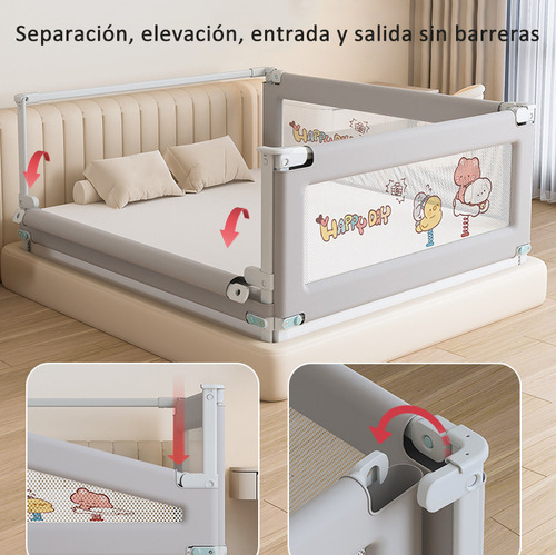 Barandal Seguridad Para Cama Bebés Protector Barandal Gris 2m