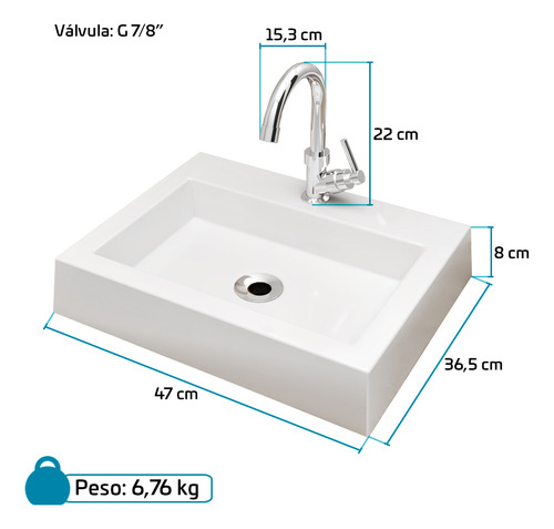KIT Cuba Pia De Apoio Retangular 47x36cm Esmeralda Para Banheiro Com Torneira E Válvula Cromada Beltempo