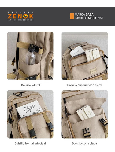 Mochila Urbana Escolar Universitaria 16.5l Daza Liviana Resistente Con Compartimientos Para Cuadernos Y Notebook Unisex - Beige