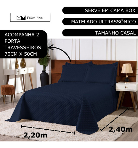 Cobre Leito Colcha Clean Casal Padrão 3 Peças Azul-marinho