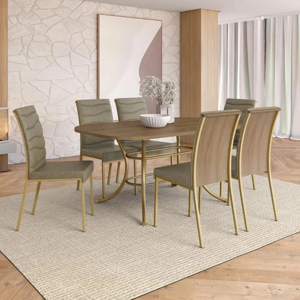 Conjunto De Sala De Jantar 6 Cadeiras Salem Carraro Dourado Dourado