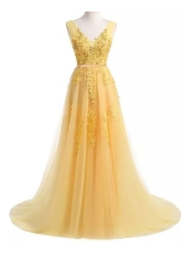 Vestido De Festas Princesa Kerry Yellow Com Tulle Pérolas