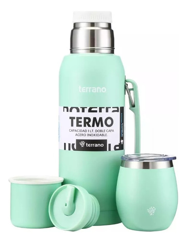 Kit Set Matero Terrano Verde Agua Termo 1l + Mate + Tapon