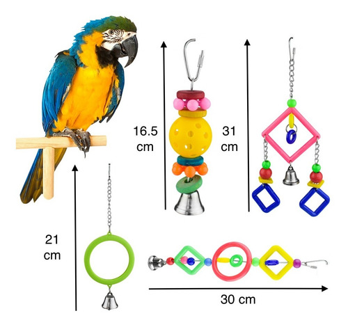 Imagen 2 de 6 de Kit 4 Juguetes Colgantes Para Aves Pájaros Pericos C/campana