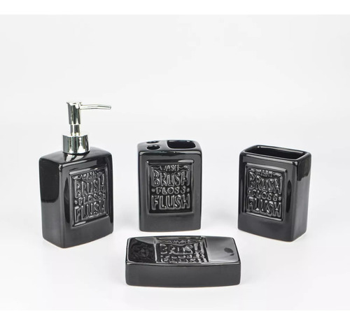 Set De Baño 4 Piezas Cerámica Bath Negro Dispenser Jabonera