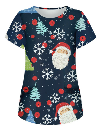 Blusa Con Bolsillo Estampado Navideño De Uniforme De Trabajo