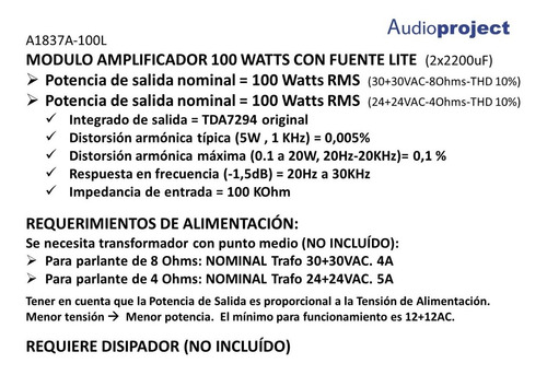 Imagen 6 de 8 de Mini Amplificador 100 Watts Tda7294 C/fuente- Audioproject