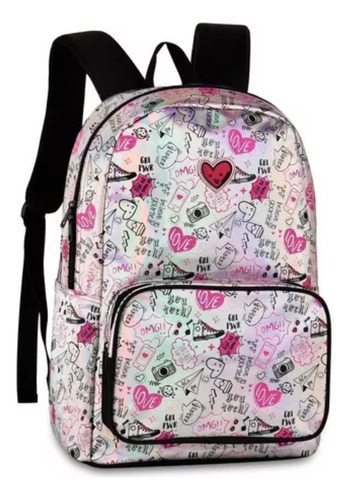 Mochila Escolar Prateada Feminina Holográfica - Rosa Cor Preto Desenho do tecido Holografica com desenhos e escritas