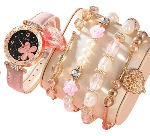 Set Reloj Rosa Brillante Circular Con Pulseras Kawaii