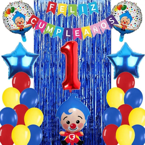 Kit Globos Decoración Payaso Plim Azul Rojo Cortina Circo