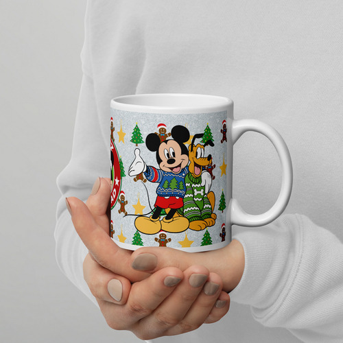 Taza Mouse Pad Y Posavaso Mickey Y Pluto Feliz Navidad Md4
