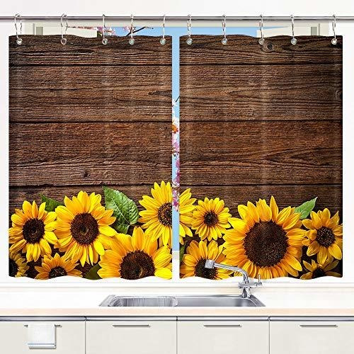 Cortinas De Ventana De Cocina De Girasol En Madera Rústica, 