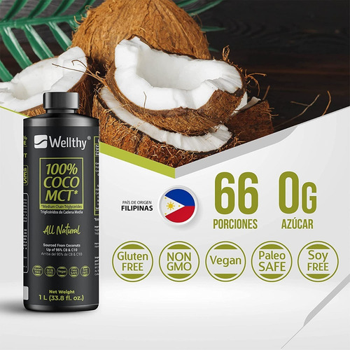 Imagen 4 de 6 de Wellthy Mct Oil Aceite Mct Hasta 95% De C8 Y C10 1l