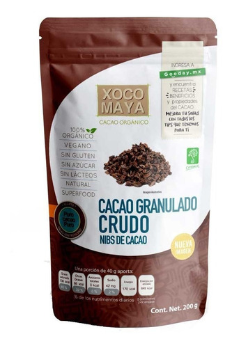 Imagen 2 de 6 de Nibs De Cacao Orgánico Crudo 200 Gr Xoco Maya