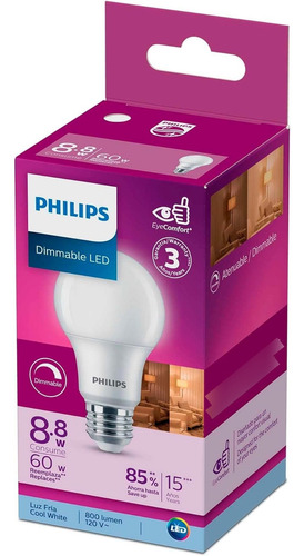 Foco Led Atenuable Ahorrador 8w Luz Fria Philips