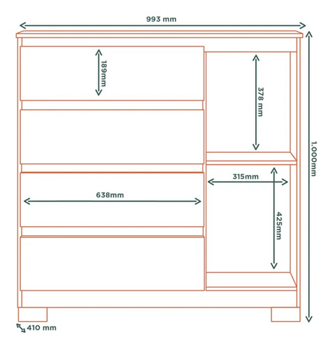 Comoda 4 Gavetas 1 Porta 100 Cm Veg Co028 Branco Neve Mxm