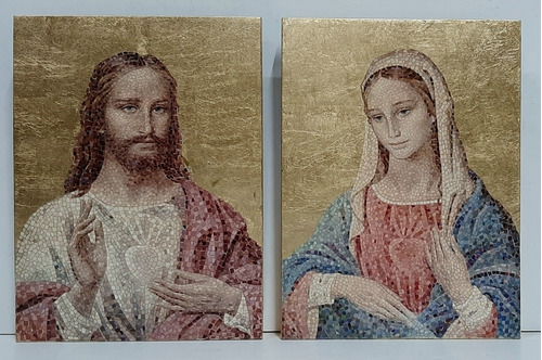 Cuadros Corazones De Jesús Y María - Dorados A La Hoja 16x22