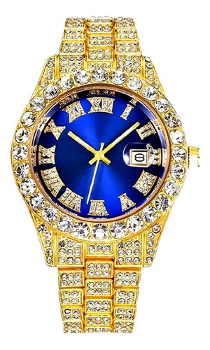 Reloj Estilo Cubano Con Diamantes De Zircón Dorado 