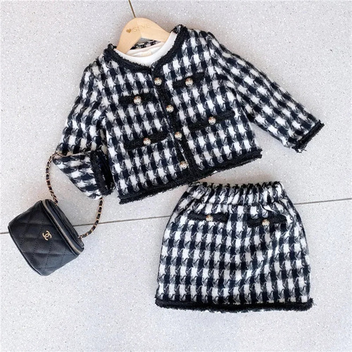 Conjunto De Dos Piezas Con Falda De Abrigo A Cuadros Para Ni