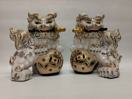 Porcelana Leones De Fu Japan Antiguos Con Laminilla Oro  