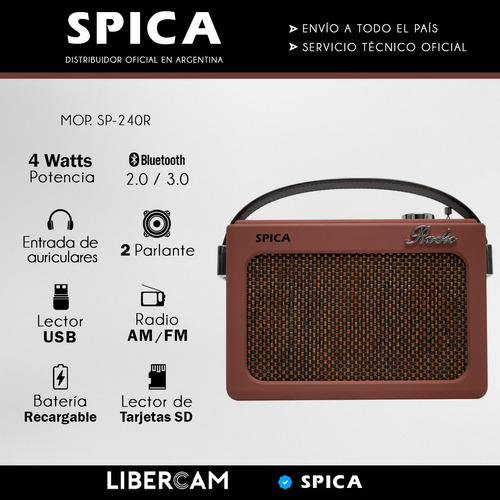 Imagen 5 de 10 de Radio Vintage Parlante Bluetooth Portatil Spica Sp-240 Am/fm