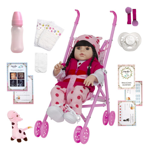Boneca Reborn Morena Girafinha Grande Enxoval Com Carrinho
