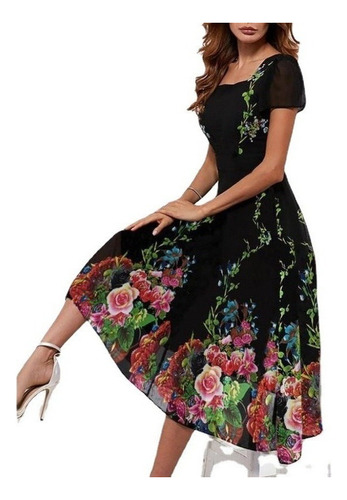 Elegant Women's Long Dress Printed Short Sleeves