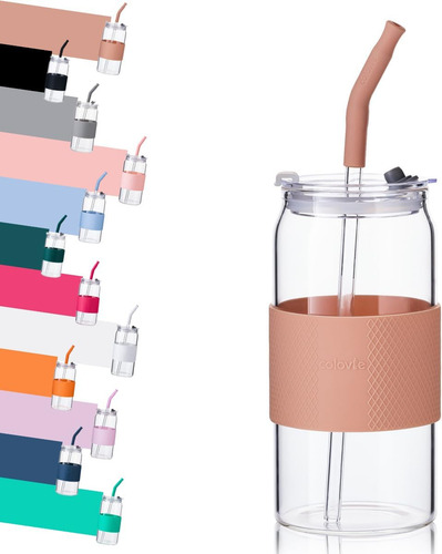 Vaso De Vidrio Con Tapas 3 En 1 Y Popotes De Silicona