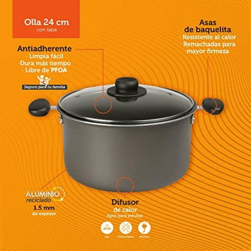 Select By Ekco Olla De 24 Cm Con Tapa De Cristal, Color Gris