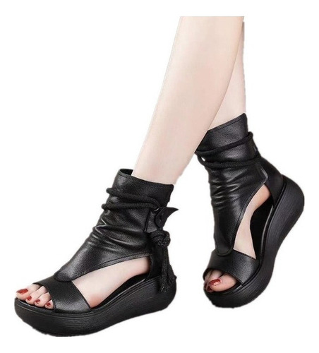 Moda Sandalias Dama Griegas Negro Zapatos Plataforma De Cuña
